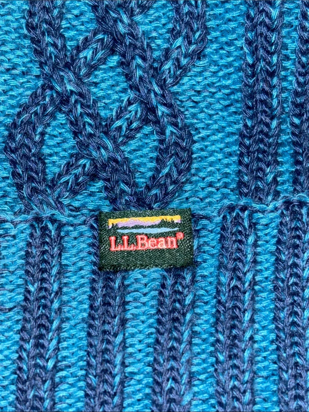 L.L. Bean Women’s Cable Knit Beanie in Teal and Navy
